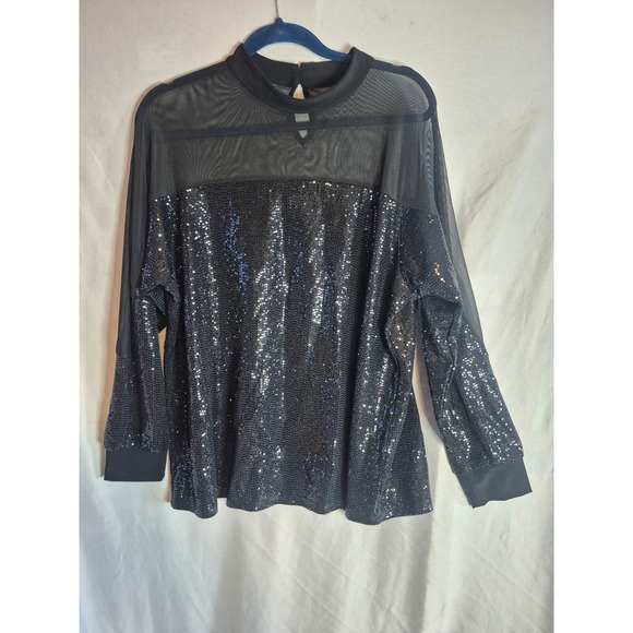 Nine West Black Sequin Mesh Top Blouse Long Sleeve Womens 1X - Picture 1 of 2